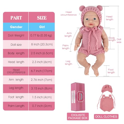 Vollence 8 inch Mini Silicone Baby Preemie Tiny Realistic Baby Doll Real Life Newborn Miniature Silicone Babies Doll for Kids - Girl