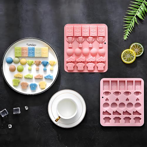 2PCS Football Chocolate Mold 22 Cavities Soccer Sports Theme Silicone Candy Molds Trophy Cup Ball Jersey Shapes Baking Mould for Chocolate Candy Fondant Jello Ice Cube Candle Sugar Craft Cupcake Decor - color: Pink 3