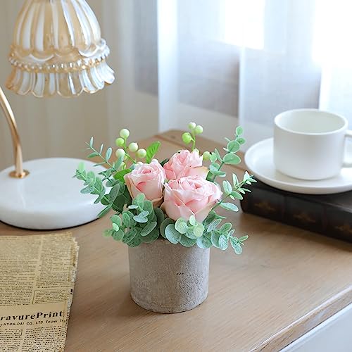 Artificial Burnt Pink Rose Potted Plant, Mini Faux Floral Decor - color: Burnt Pink