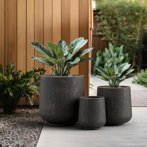 Kante Set of 3 Vintage BRN Concrete Curved Planters 16.5" 13" 9.4" Dia - color: Oil Rubbed Bronze, size: Set of 3: 15.3" + 11.6" + 8.2" D