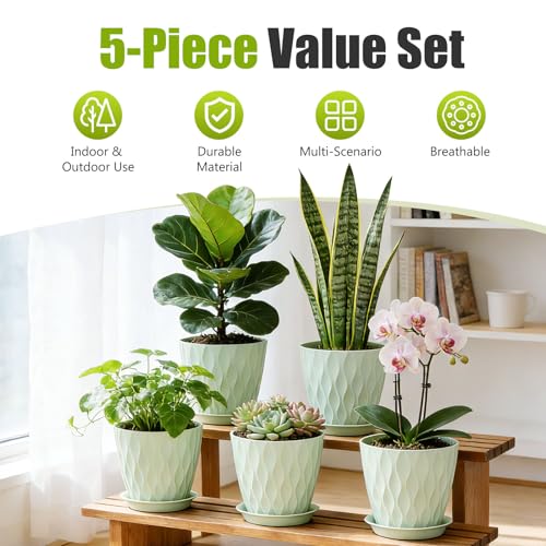 8 Inch Plastic Plant Pots,Set of 5 Flower Pots,Planters with Drainage Holes & Saucers, Indoor Outdoor Garden Pots for Home Decor(Green) - color: Green