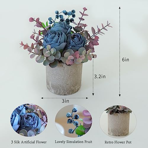 Artificial Burnt Blue Rose Potted Plant, Mini Faux Floral Decor - color: Burnt Blue