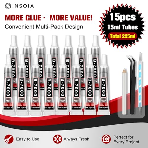 INSOIA B7000 Bedazzling Glue Tool Clear, 15 x 15ml Precision Tip - size: 15g*15pk*1 dual-end pen,1 wax pencil,1 tweezer