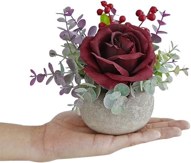 Small Artificial Burgundy Rose Potted Plant, 2 Pcs Mini Faux Decor - color: 2pcs Burgundy