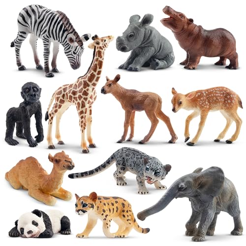 Toymany 12PCS Forest Animals Baby Figurines, Realistic Woodland Animals Figures Toys Includes Elephant, Mountain Lion, Giraffe and Deer Cubs, Cake Toppers Christmas Birthday Gift for Kids - style: Baby Wild Animals