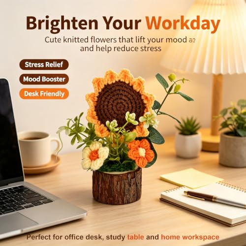 Adorable Crochet Flowers Bouquet for Women/Teacher Desk Decora Gift - color: Sunflower+wood