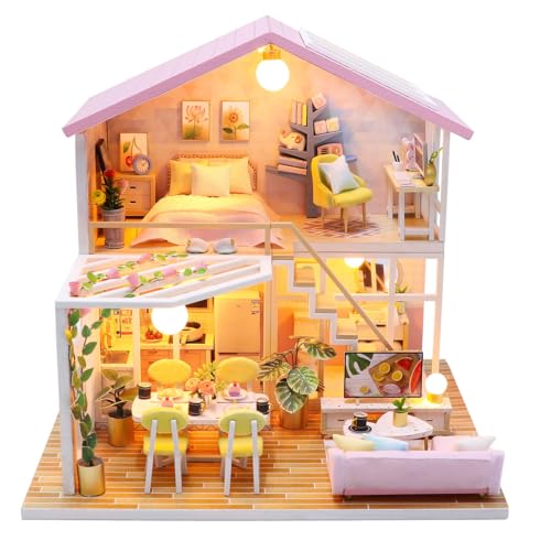 MAGQOO Miniature House Kit DIY Miniacture Dollhouse Kits with Furniture and LED Dust Proof 1:24 Wooden Dollhouse Kit (Sweet Time) - color: Sweet Time