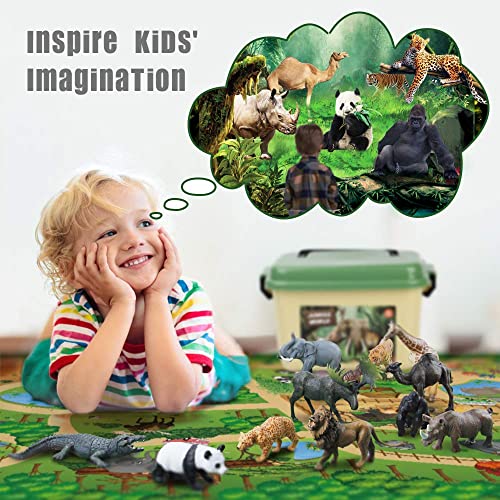 Mini Tudou Safari Animals Figures & 57x38.6'' Play Mat for Kids Toddler 3-5