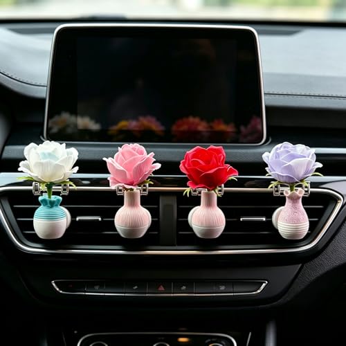 Set of 4 Cute Flower Bouquet Car Air Freshener Vent Clips, Mini Artificial Flowers for Car Air Vent Decoration, Auto Interior Dashboard Ornament Accessories (Rose) - color: Rose