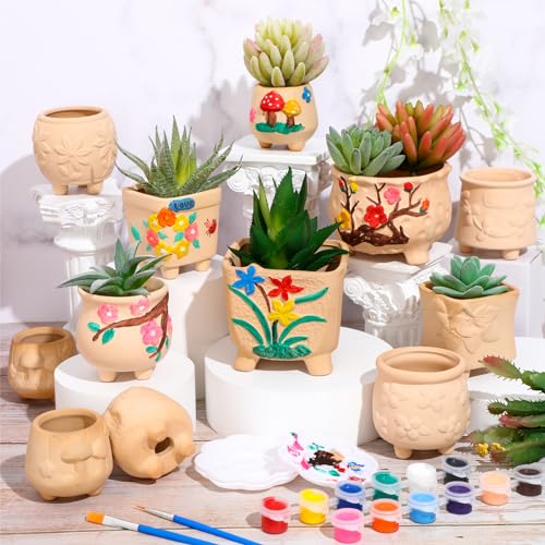 Hushee 12 Sets Ceramic Succulent Pots to Paint with Drainage - color: Flower