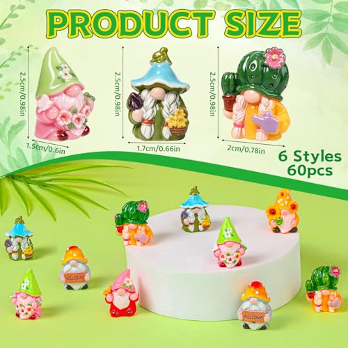 60 Pcs Spring Mini Gnomes Figurines 6 Style Spring Miniature Resin Gnome Decorations with Sunflower Cactus Flowers for Fairy Garden Landscape Aquarium Tiered Tray Home Dollhouse Desk Decor - color: Spring