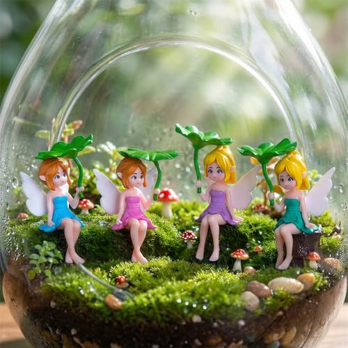 Miniature Fairy Accessories - Small Figurines, Flower Pot & Fairy Garden, Home, Desk Shelf, Moss Landscapes, Car Decor, Compact Gift for Enthusiasts, 4 Pieces (Fairy - Lotus Leaf)