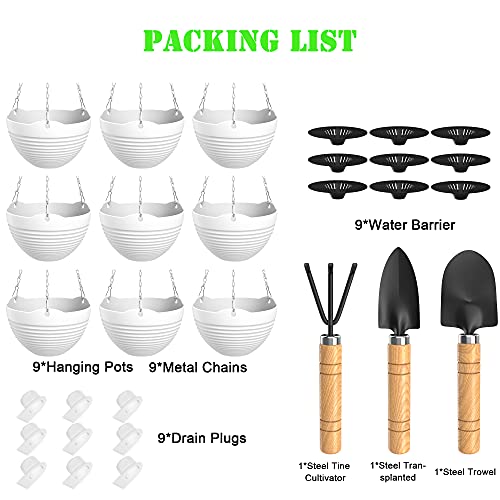 Hanging Planters, Set of 9 White Hanging Pots, 8" Hanging Flower Pots, Plant Pots with Drainage Plugs, Water Barrier and Chains, Come with Free Mini Garden Tools Set