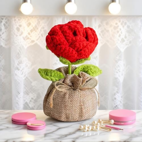 Crochet Red Rose Flowers Bouquet for Women Office Desk Decor - color: Boho Red Rose