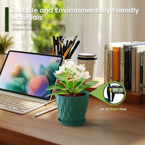 Meowell 5 inch Plant Pots for Indoor Outdoor Plants, 6 Pack Flower Pots with Drainage Holes and Saucers, 3D Modern Wave Texture Small Plastic Planter Pots for Nursery and House Plants, Blue Green - color: Blue Green, size: 5 inch 6 pieces