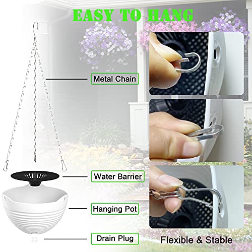 Hanging Planters, Set of 9 White Hanging Pots, 8" Hanging Flower Pots, Plant Pots with Drainage Plugs, Water Barrier and Chains, Come with Free Mini Garden Tools Set