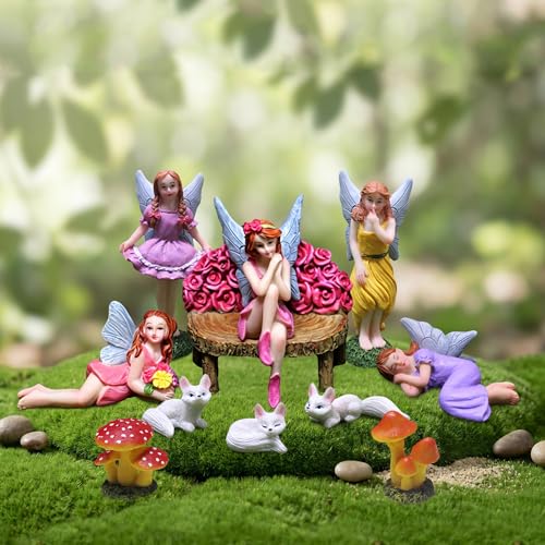 Fairy Garden Accessories Outdoor Set 11Pcs, Miniature Fairies for Fairy Garden with Fox Statues & Mushrooms Figurines - Ornament Outdoor Decor for Terrarium, Patio & Gifts