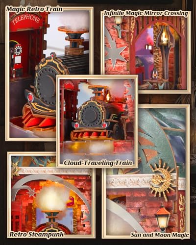 3D Wooden Puzzle for Adult, 3D Puzzle DIY Miniature House Kit for Adult, Booknook with LED Light, 3D Wood Puzzle Gifts for Family, Friend, Bookshelf Decor (The Enchanted Express) - color: The Enchanted Express
