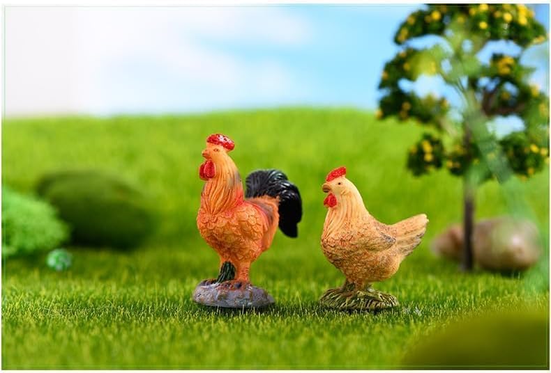 2Pcs Miniature Chicken Mini Carved Ornament Figurine Farm Hen and Farm Rooster Figurine Small Animals Collectible, Miniature Outdoor Statues for Micro Landscape
