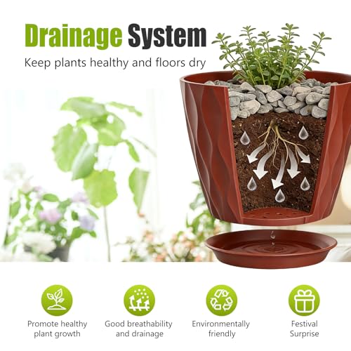 8 Inch Plastic Plant Pots,Set of 5 Flower Pots,Planters with Drainage Holes & Saucers, Indoor Outdoor Garden Pots for Home Decor(Colorful) - color: Colorful