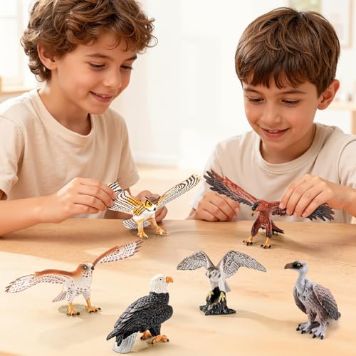6PCS 6" Large Birds of Prey Animal Figurines,Include Hawk,Eagle,Owl,Falcon & Vulture Figures,Solid Plastic Zoo Animal Models Toys, Birthday Gift Cake Toppers Party Favors for Boys Girls - style: Realistic