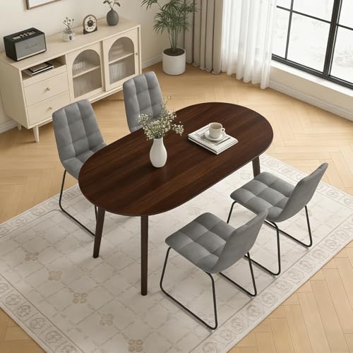 63" Oval Dining Table Set for 4 with Solid Wood Legs - color: Walnut Table C-grey Chairs