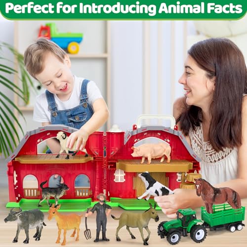 Ellinjan Farm Animals Toys for Toddlers Girls Boys, Big Red Barn Farm with Figures Animals and Tractor Toy for Kids 3 4 5, Farm Playset Educational Learning Toys, Ideal Christmas Birthday Gifts