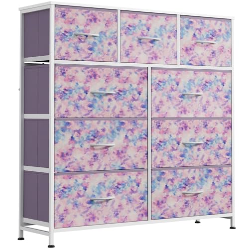 WLIVE Tall Dresser for Bedroom, 9 Drawer Chest of Drawers, Tie-Dye - color: Tie-dye Purple Print