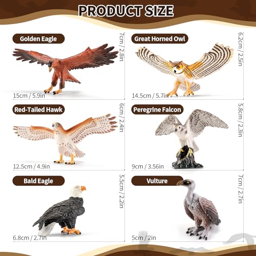 6PCS 6" Large Birds of Prey Animal Figurines,Include Hawk,Eagle,Owl,Falcon & Vulture Figures,Solid Plastic Zoo Animal Models Toys, Birthday Gift Cake Toppers Party Favors for Boys Girls - style: Realistic