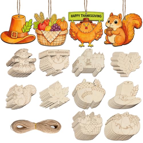 80Pcs Unfinished Fall Ornament Wood Crafts,Wooden Thanksgiving Cutouts - color: Thanksgiving