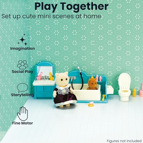 Family Dollhouse Bathroom Set — Bathtub with Hand Shower, Sink with Mirror & Toilet, Soap, Toothbrush & Toilet Paper Roll — Dollhouse Furniture & Accessories for Ages 3+ - style: Bathroom Set