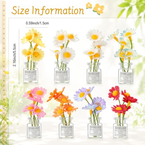 Ripeng Set of 8 Daisy Flowers Car Dashboard Decorations Cute Car Accessories for Women Vehicle Interior Decor with Double Sided Tape for Rear View Mirror Dashboard - style: Daisy