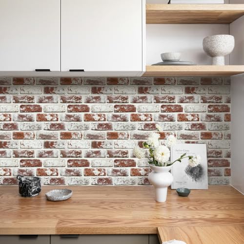 COMSTICKC 3D Faux Brick Wall Panels Peel and Stick, 10 Pcs 11.8" x 11.8" - color: Whitewash Red-4