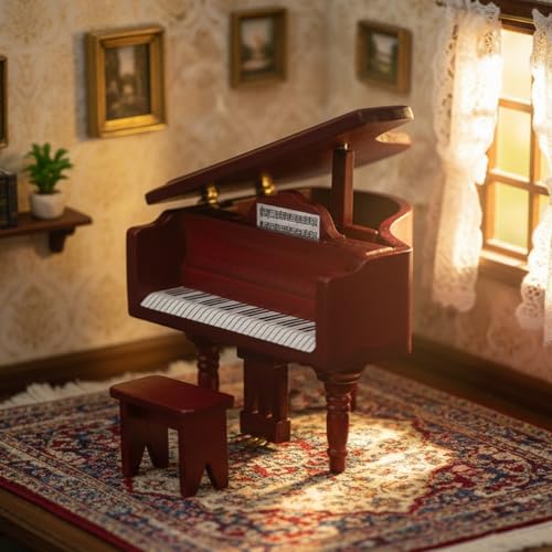 Miniature Piano for Dollhouse Furniture Upright Grand Piano with Stool Instrument 1 12 Ornament Artificial House Scene Accessories Desktop Decoration (Red) - style: Red