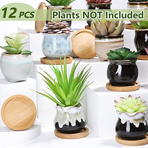 Remerry 12 Pcs Ceramic Succulent Pots 2.5 Inch with Bamboo Trays Small Pots - size: 2.5 Inch