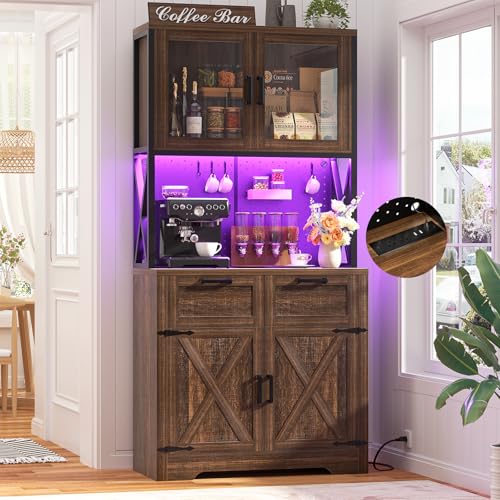 Unikito 71" Kitchen Pantry Cabinet with LED Light & Outlet, Microwave Stand - color: Weathered Brown, size: 32 Inch