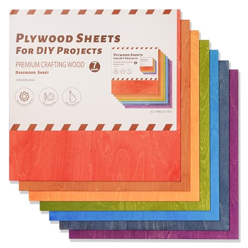 7 Pack Colored Plywood Sheets, 12 x 12 x 1/8 Inch, 3mm Basswood for Laser Cutting and Engraving, Thin Plywood Board Blanks for Architectural Models and DIY Wood Crafts - color: Colored 7-Pack, size: 1/8" x 12" x 12"