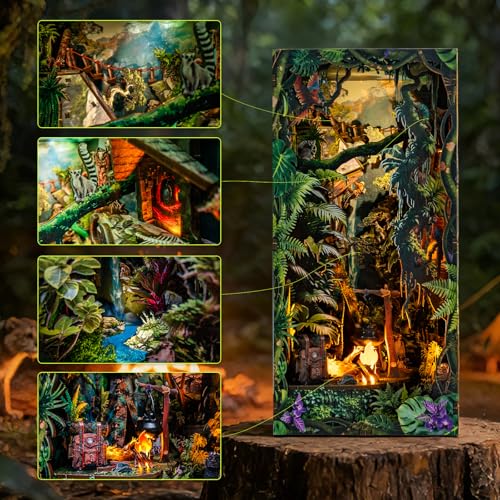fifijoy Jungle Adventure Book Nook Kit - DIY Miniature Dollhouse Booknook for Adults, 3D Wooden Puzzle Bookend Bookshelf Decor with LED Light and Sound Effects, Creative Gift for Family, Friends - color: Jungle Adventure