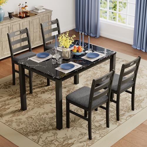 PHI VILLA Dining Table Set for 4, Marble Design Kitchen Table and Chairs - color: Venatino Black Marble&gray