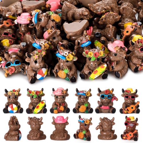 Yaomiao 60 Pcs Mini Hawaii Highland Cow Figurines Bulk Resin Cow Statues - style: Hawaii Cow