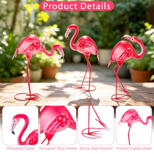 3Pcs Pink Flamingo Garden Statues 15" Metal Flamingo Luau Party Decorations - color: 3 Pack Flamingo