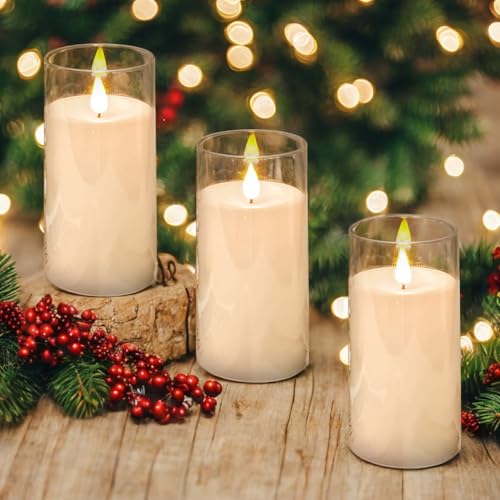 NICEME Flickering Flameless Candles with Remote Control Timer Unbreakable Acrylic Battery Operated LED Candles with Flickering Flame 3D Wick for Romantic Ambience Home Decor Set of 3, D3” xH6” - color: Ivory + Clear Acrylic, size: D 3”×H 6”6”6”