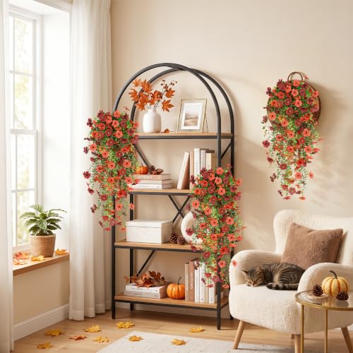 Artificial Fall Flowers for Outdoors UV Resistant Orange Fake Mums Decor - color: Dark Red+orange