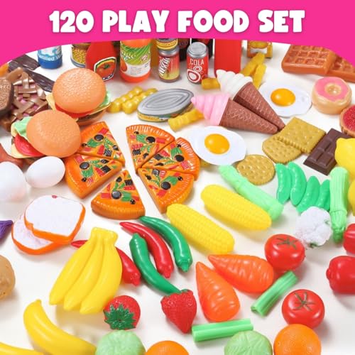 120 Piece Deluxe Pretend Play Food Toy Tasty Treats Plastic Cooking and Grocery Shopping Assortment Set - style: 120 Pieces