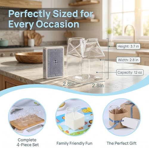 WUWEOT 4 Pack Glass Milk Carton, Clear Square Cocktail Glasses, Mini Cup Creamer Pitcher Coffee Box for Milk, Coffee, Water, Juice, Beverages, Heat Resistant, 12OZ/350ml