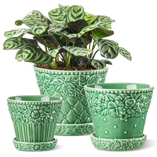 Metahom Ceramic Plant Pots Set of 3, Green Color, Embossed Design - color: Green