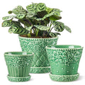 Metahom Ceramic Plant Pots Set of 3, Green Color, Embossed Design - color: Green