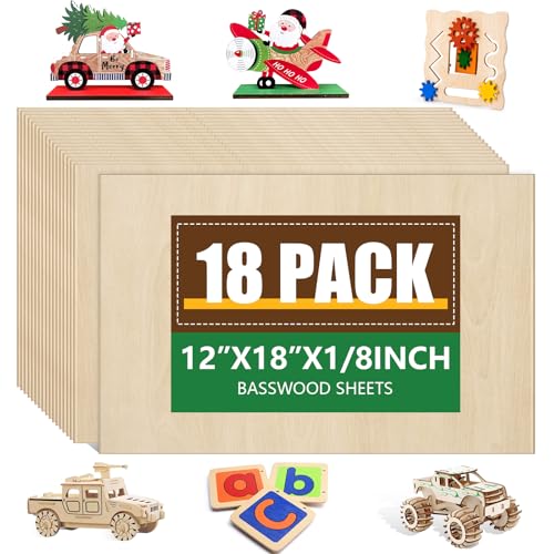 18 Pack Basswood Sheets12x18x1/8 Inch, Unfinished Wood for Crafts, 3mm Basswood for Laser Cutting & Engraving, Wood Burining,Architectural Models, Wood Board for Painting. - size: 18P12x18x1/8in