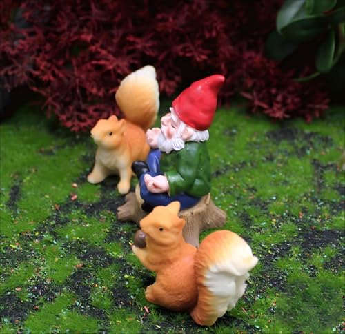 Miniature Garden Gnome with Squirrels, Meditation Fairy Garden Decor Set, 3 inch Tiny Gnome Figurine with 2 inch Squirrels, Plant Pot Decor 3-Piece - style: Meditation Gnome with Squirrels