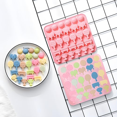 2PCS Ping Pong Chocolate Mold 28 Cavities Sport Theme Silicone Candy Molds Table Tennis Trophy Cup Ball Racket Shapes Baking Mould for Chocolate Fondant Jello Ice Cube Candle Sugar Craft Cupcake Decor - color: Pink 1